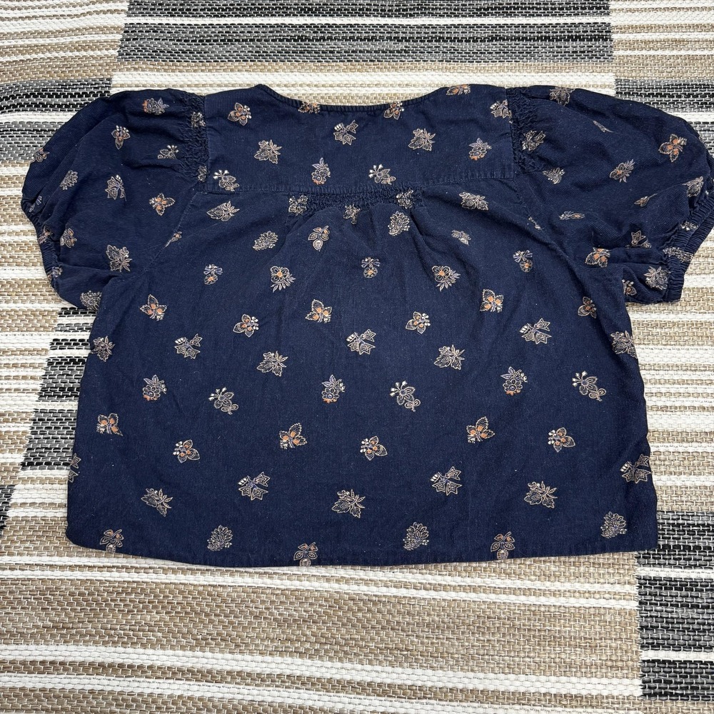 Madewell Shirt Women's Medium Corduroy Bubble Sleeve Crop Shirt Navy Blockprint - Picture 6 of 14